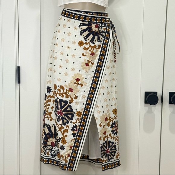 Farm Rio Flower Fan Tapestry Wrap Midi Skirt Linen Embroidered Small Boho Beachy - Picture 6 of 15